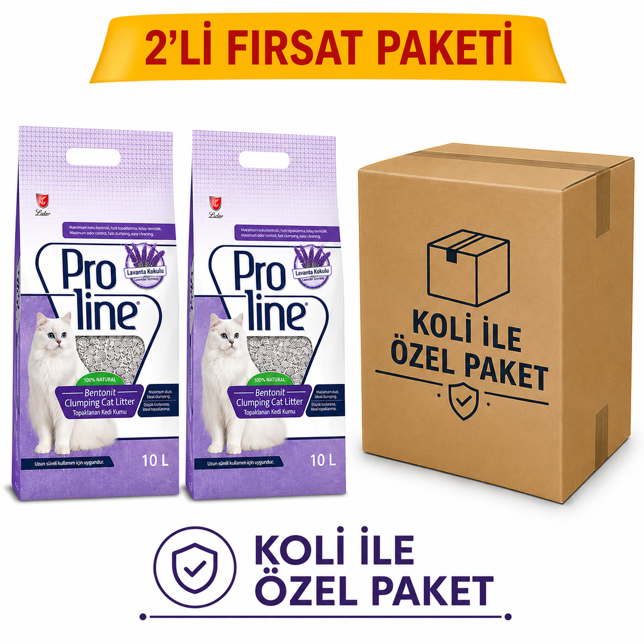 PROLİNE BENTONİT LAVANTA KOKULU KEDİ KUMU 10 LT*2 ÖZEL KOLİ PAKET