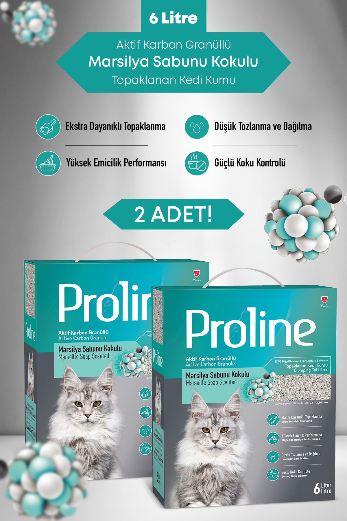 Proline Aktif Karbon Tanecikli Marsilya Sabunu Kokulu Kedi Kumu 2X6 lt