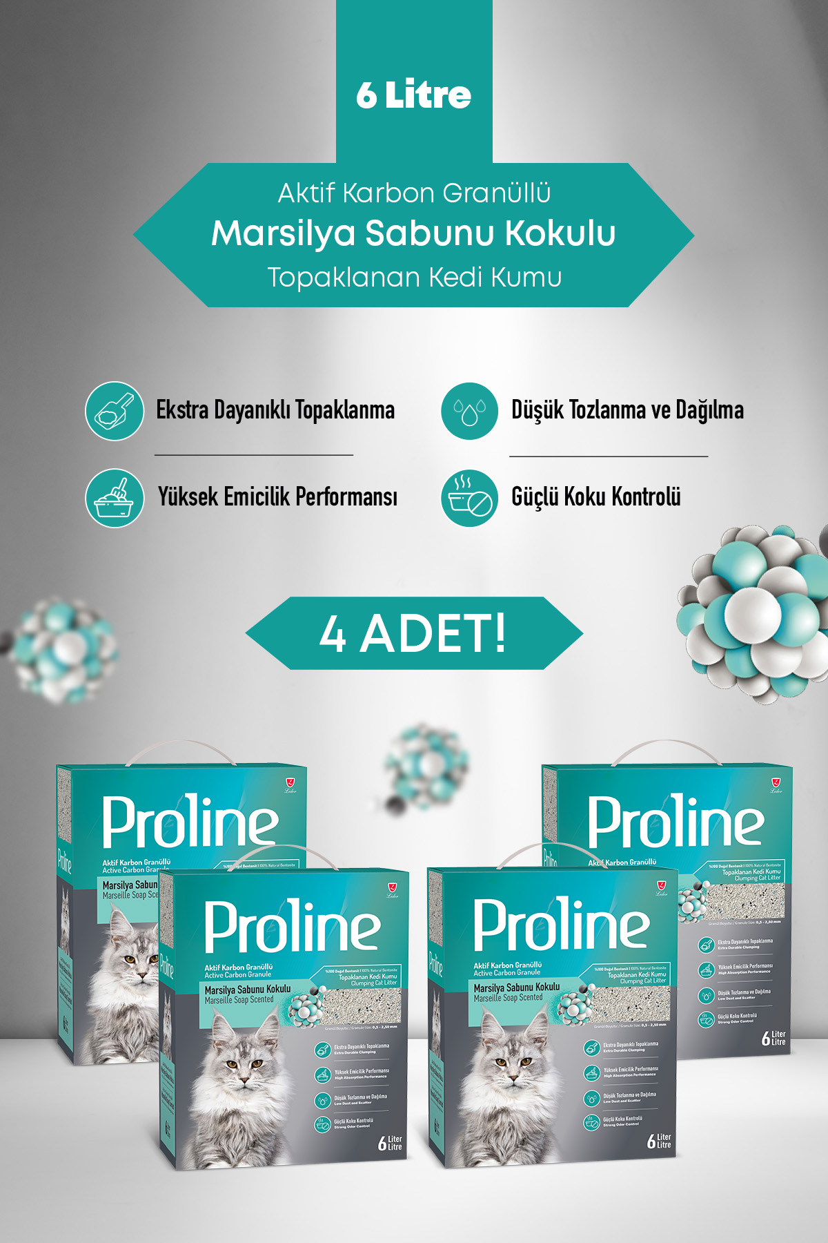 Aktif Karbon Tanecikli Marsilya Sabunu Kokulu Kedi Kumu 4X6 lt