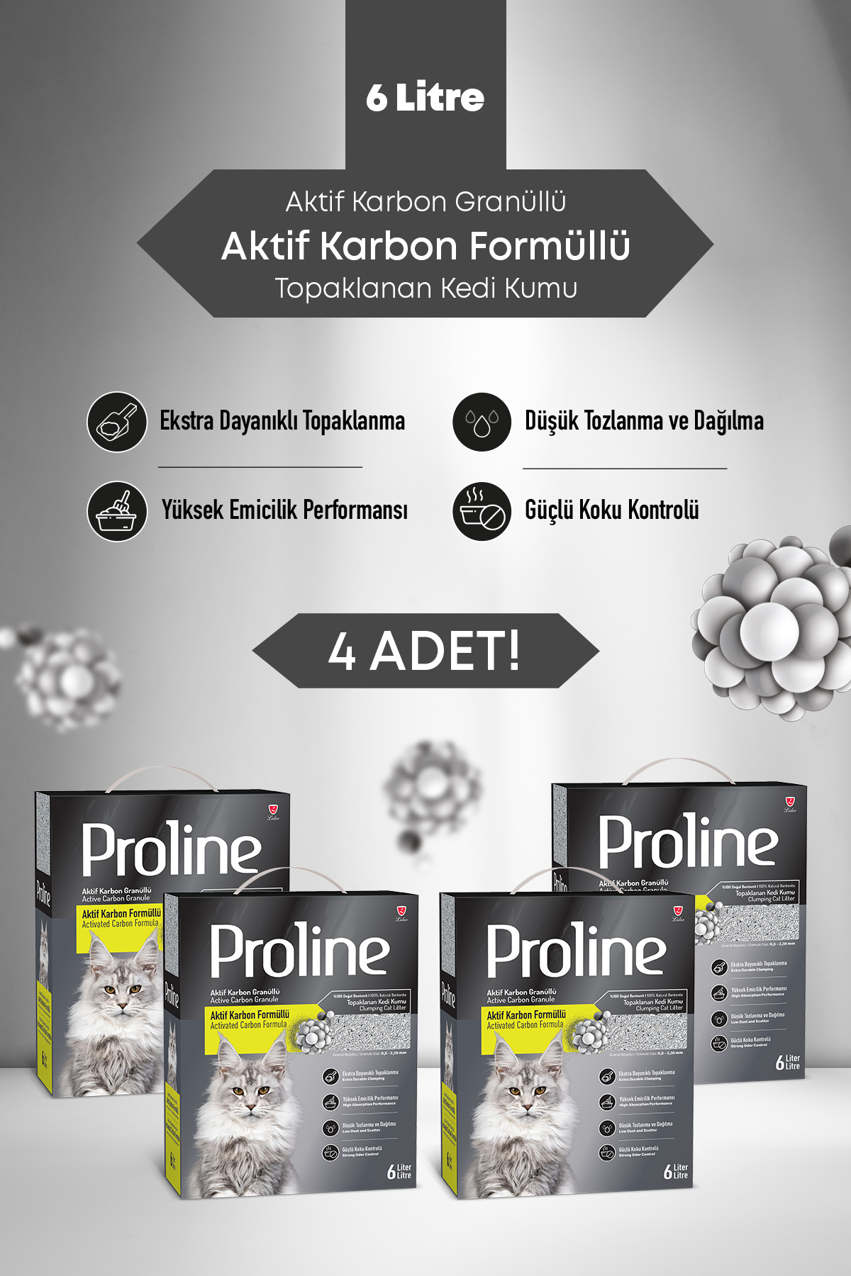 Aktif Karbon Tanecikli Kedi Kumu 4X6lt.