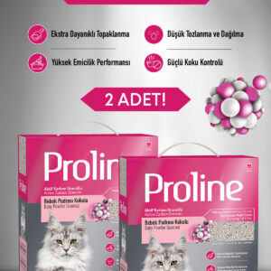 PROLİNE AKTİF KARBON GRANÜLLÜ BEBEK PUDRA KOKULU BENTONİT KEDİ KUMU 2X10 LT