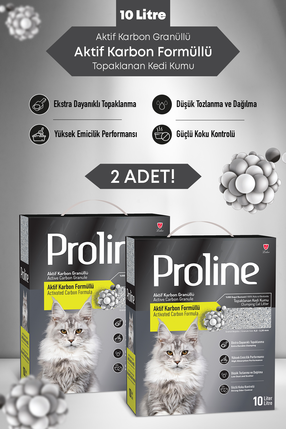 Proline Kutu Aktif Karbon Tanecikli Kedi Kumu 2X10 L