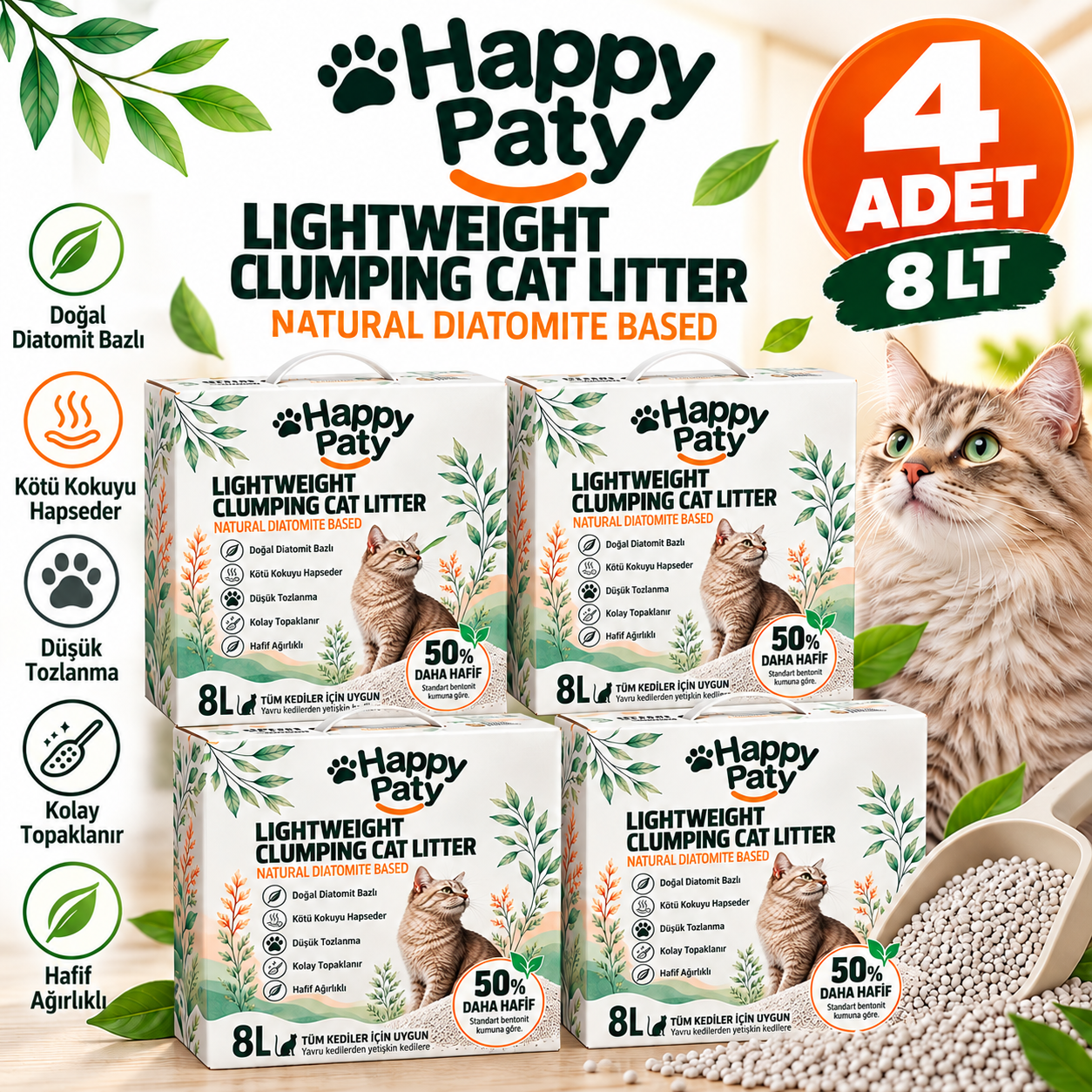Happy Paty Lightweight Diatomit Kedi Kumu 8 Litre 4 Adet