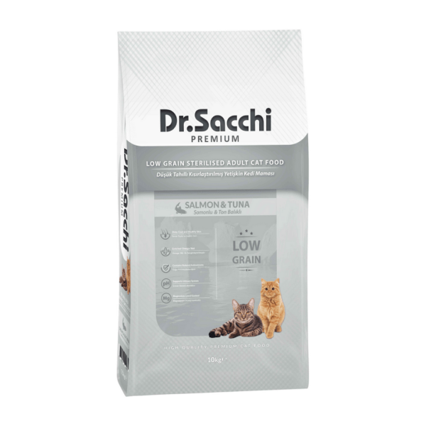 Dr. Sacchi Premium Düşük Tahıllı Somonlu ve Ton Balıklı Kısır Kedi Maması 10 Kg