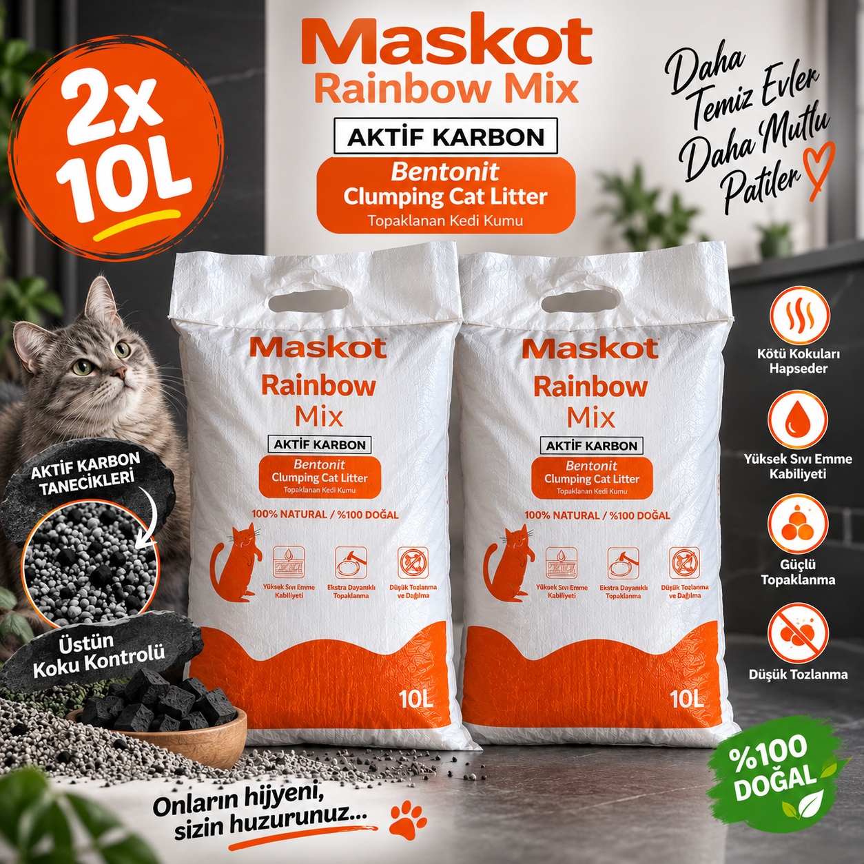 Maskotpet Aktif Karbonlu Bentonit Kedi Kumu 2 Adet 10 Litre