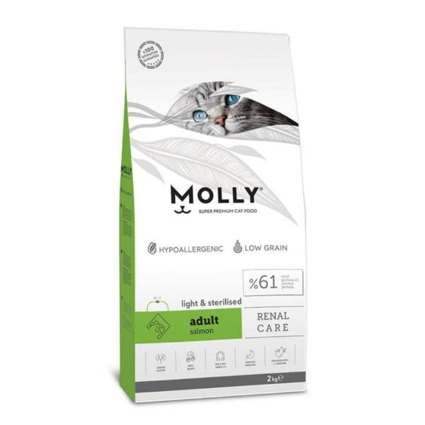 Molly Hipoalerjenik Düşük Tahıllı Light&Sterilised Somonlu Kısırlaştırılmış Kedi Maması 2 kg