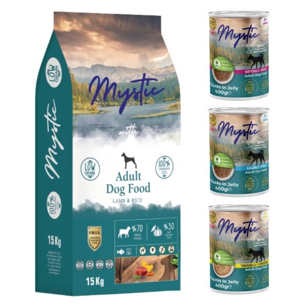 Mystic Kuzu Etli Köpek Maması 15 kg + 3 Adet Konserve