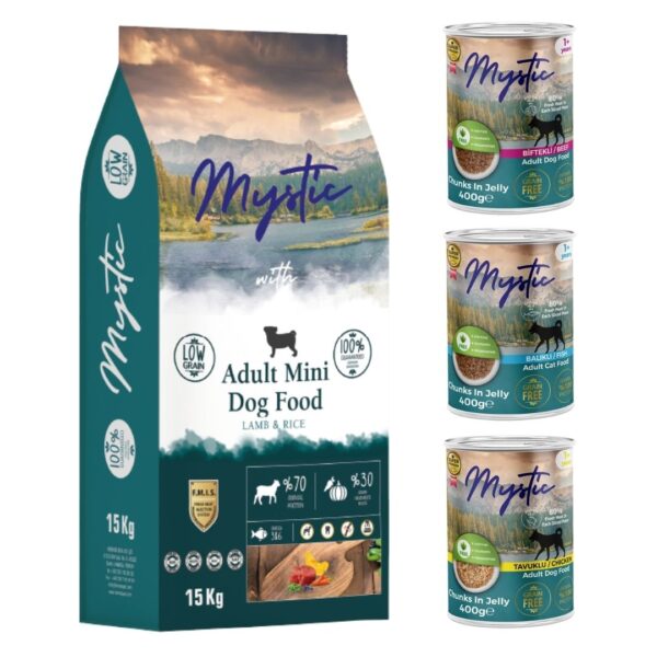 Mystic Mini Kuzu Etli Küçük Irk Köpek Maması 15 kg + 3 Adet Konserve